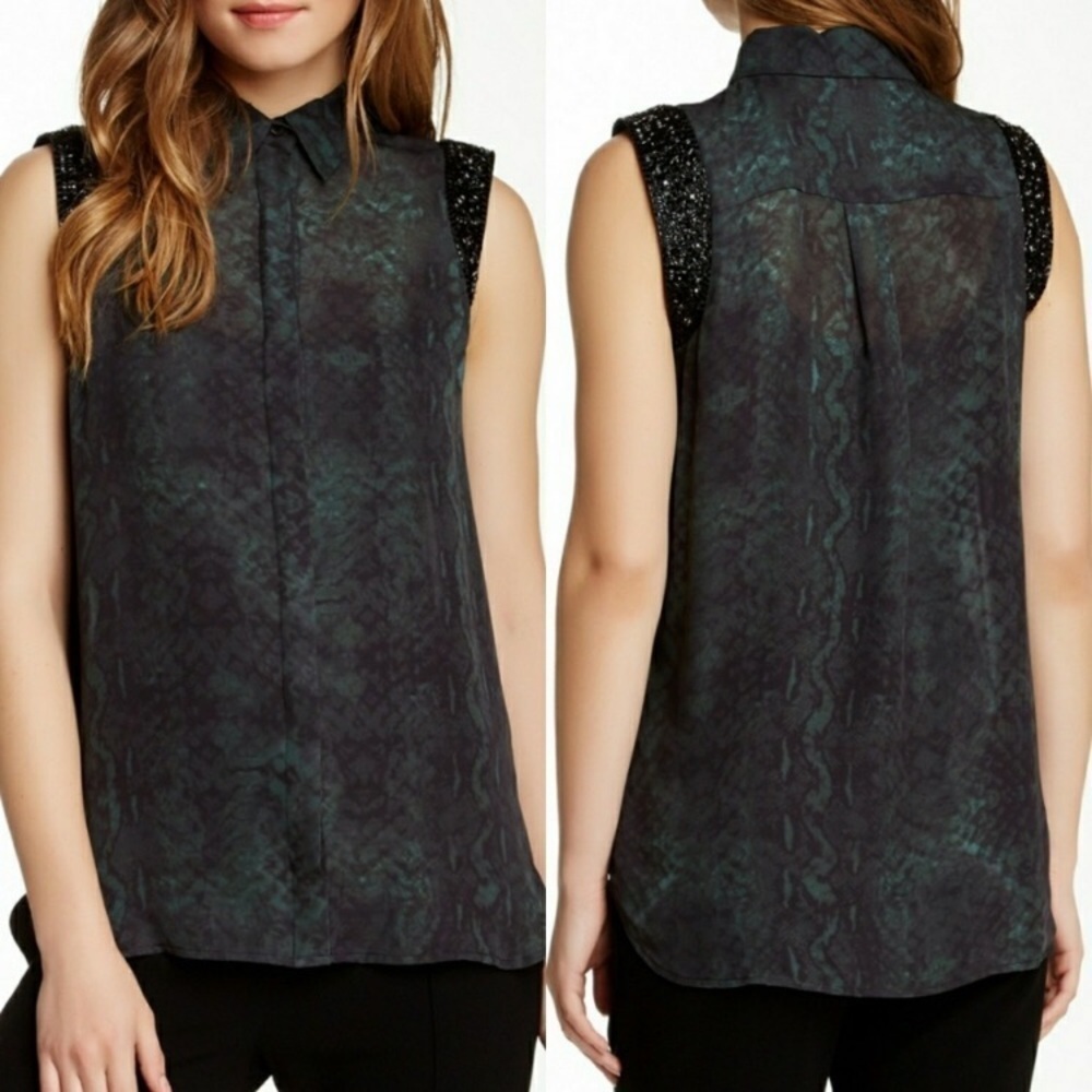 Haute Hippie Embellished Cap Sleeve Silk Blouse